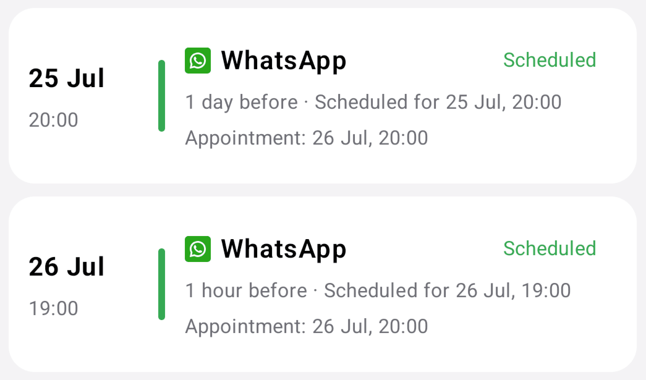 Seneca Notify showing scheduled and delivered WhatsApp appointment reminders