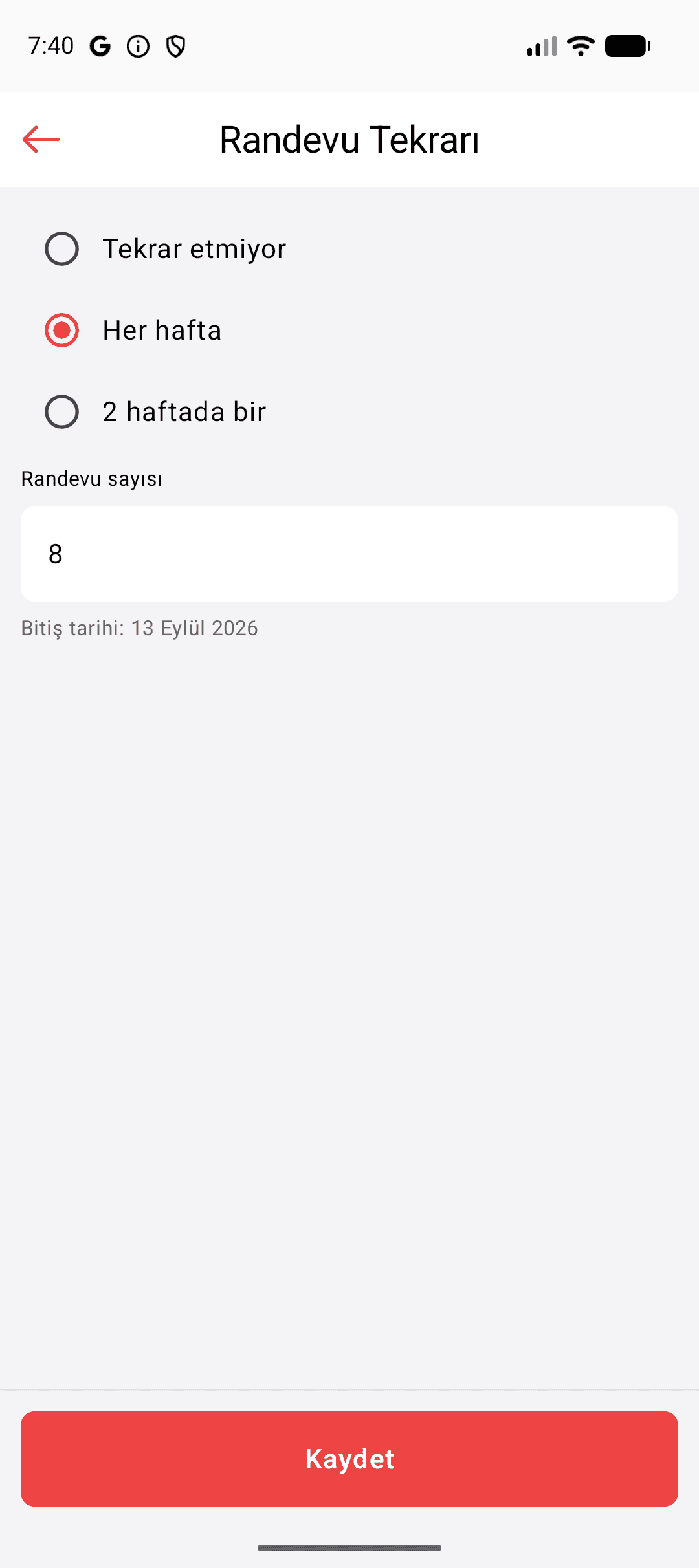 Tekrarlayan randevu seçenekleri