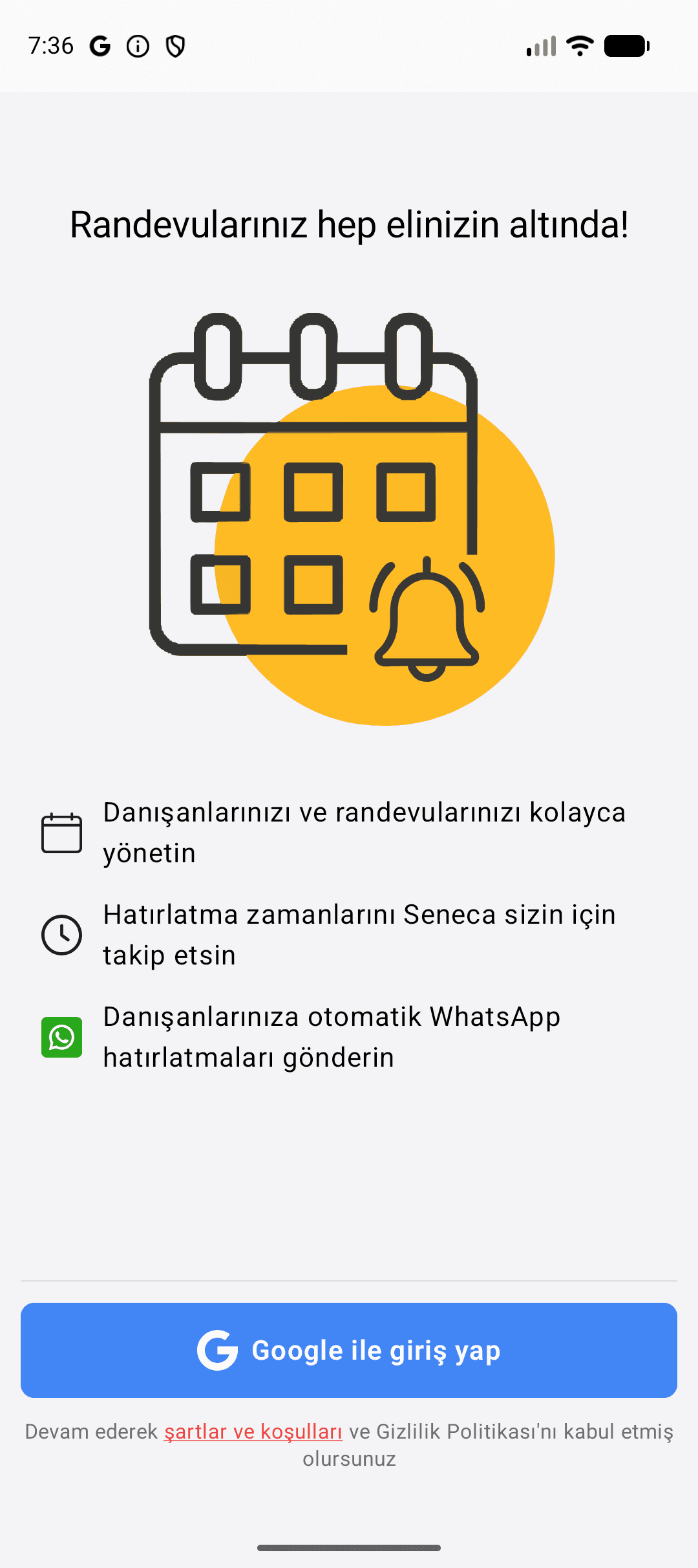 Seneca Notify güvenli giriş ekranı