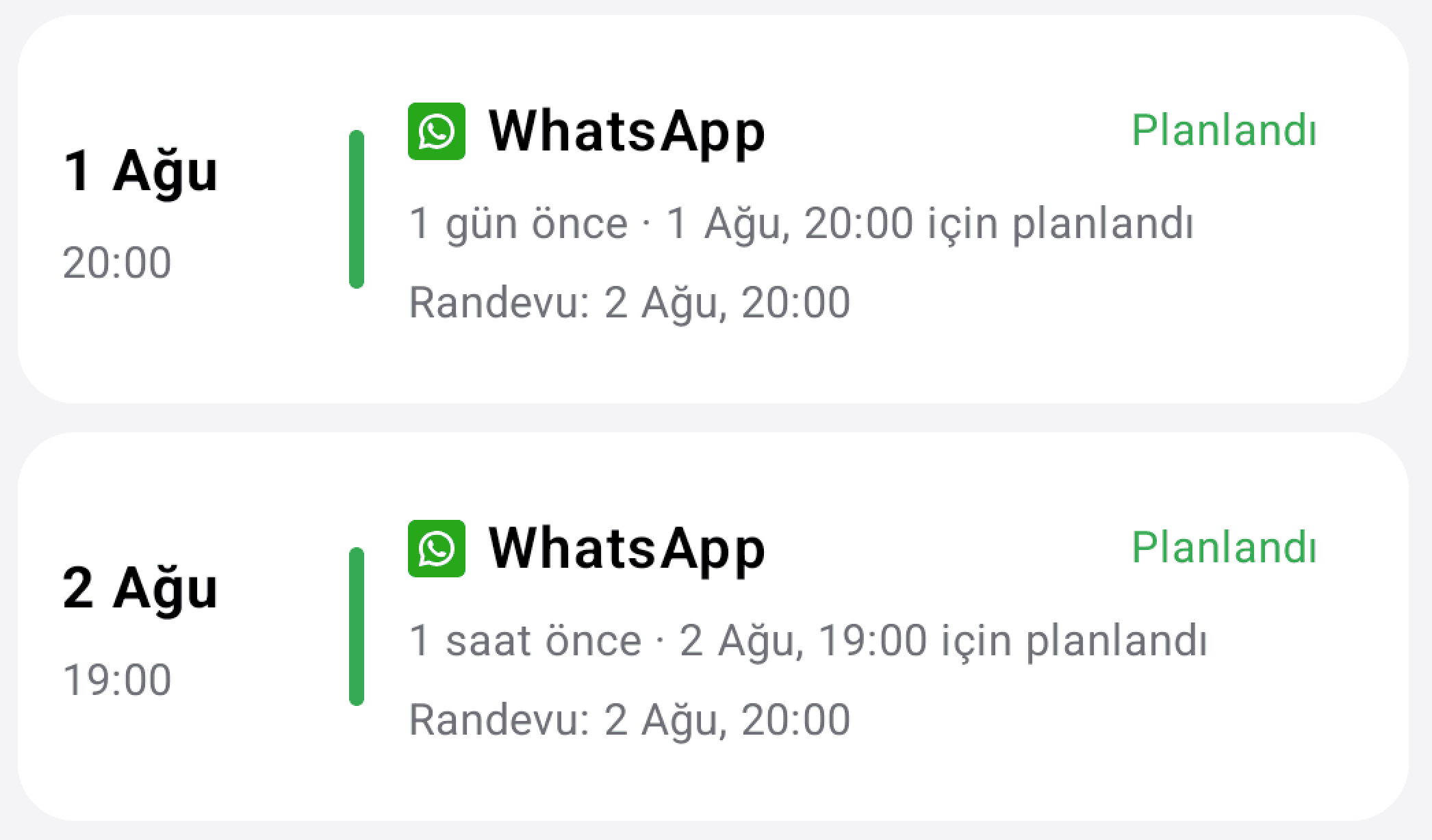 Seneca Notify uygulamasında planlanan ve iletilen WhatsApp randevu hatırlatmaları