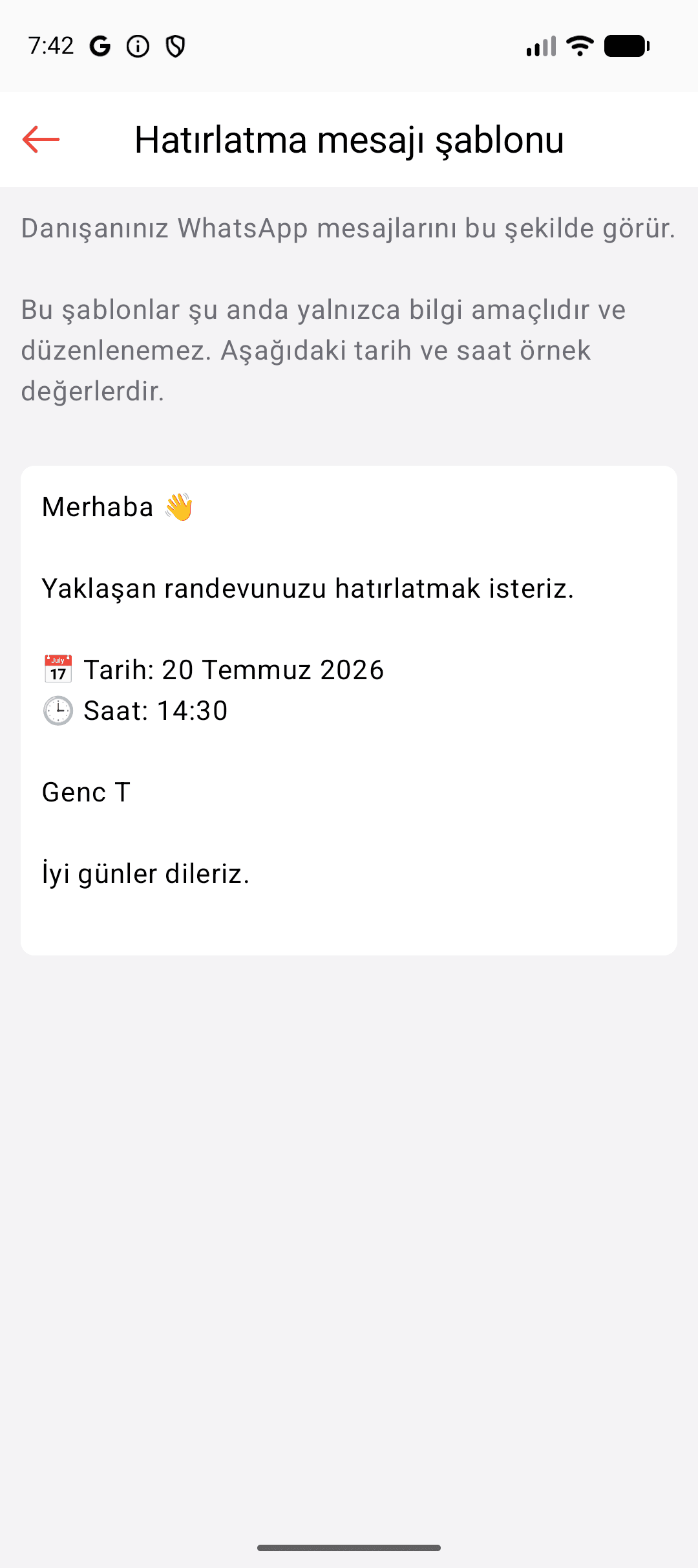 Türkçe WhatsApp hatırlatma şablonu